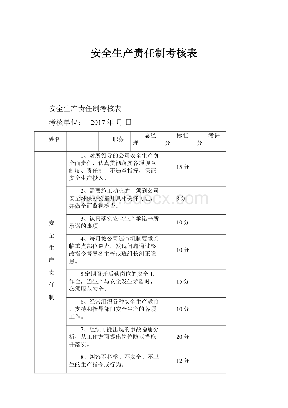 安全生产责任制考核表.docx