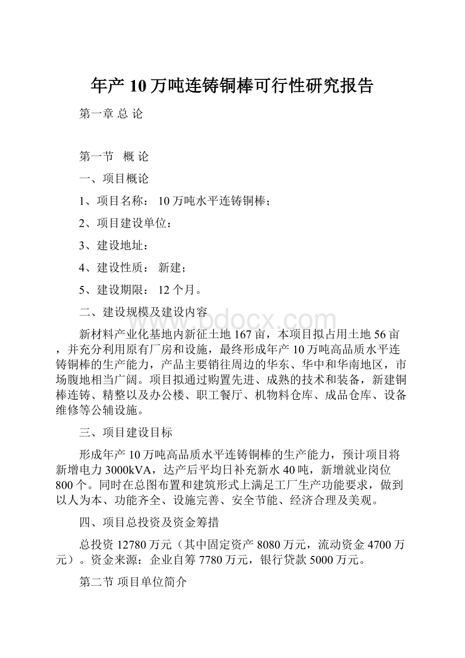 年产10万吨连铸铜棒可行性研究报告.docx