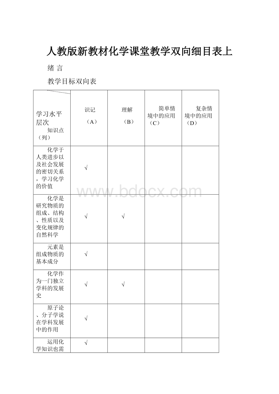 人教版新教材化学课堂教学双向细目表上.docx