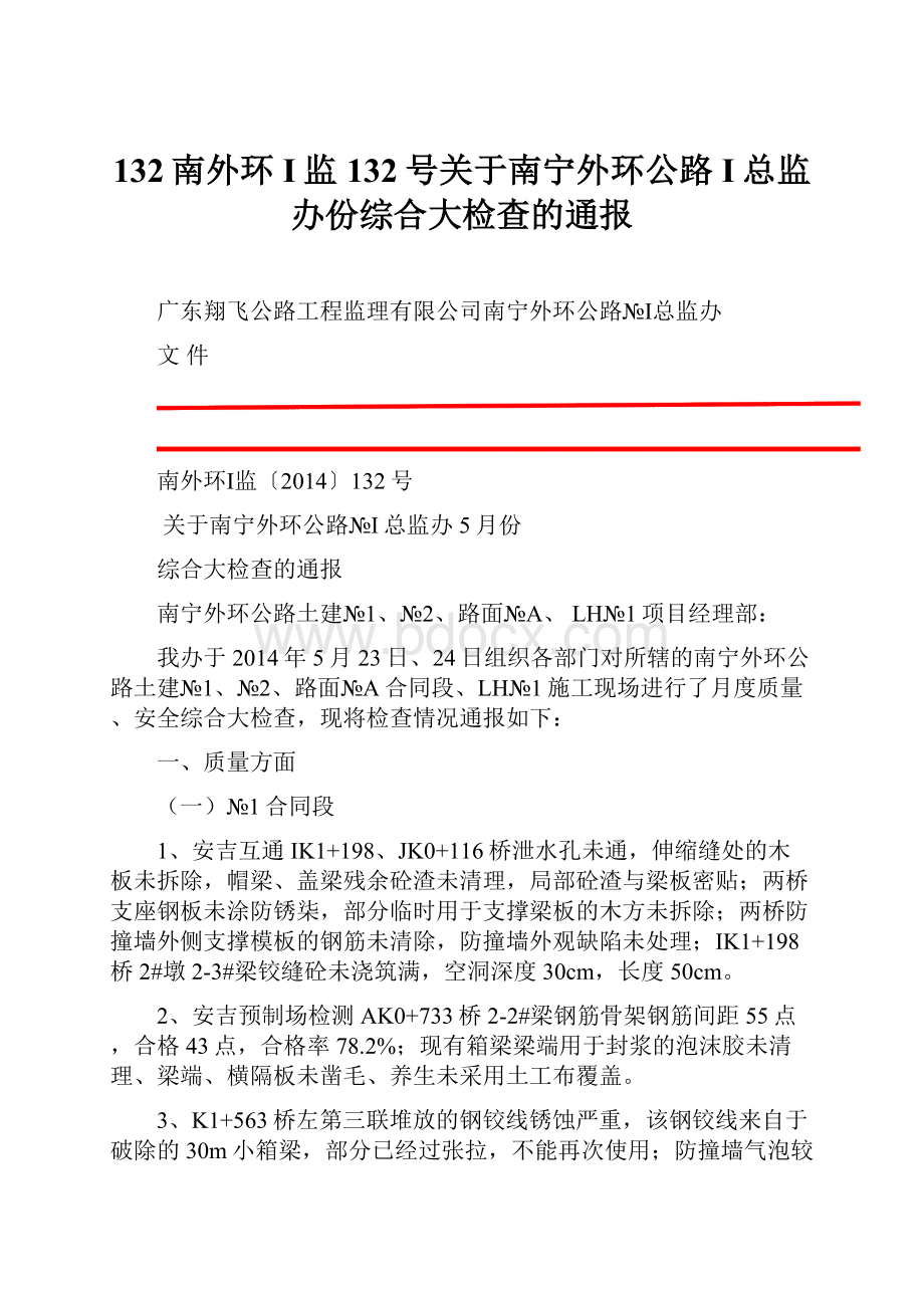 132南外环I监132号关于南宁外环公路I总监办份综合大检查的通报.docx