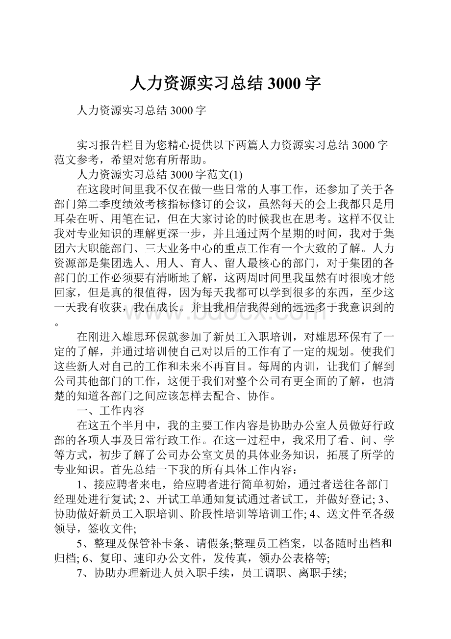 人力资源实习总结3000字.docx