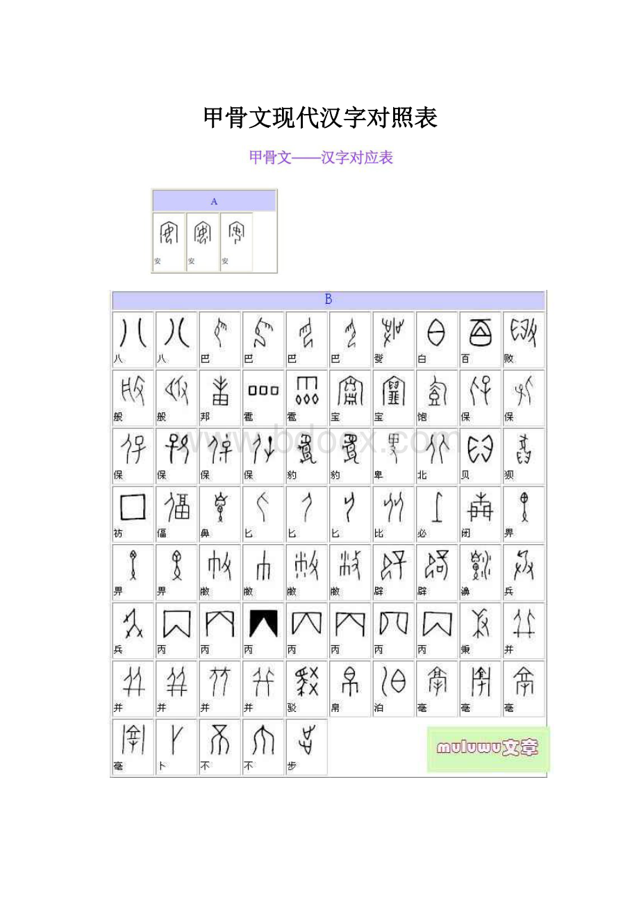 甲骨文现代汉字对照表.docx