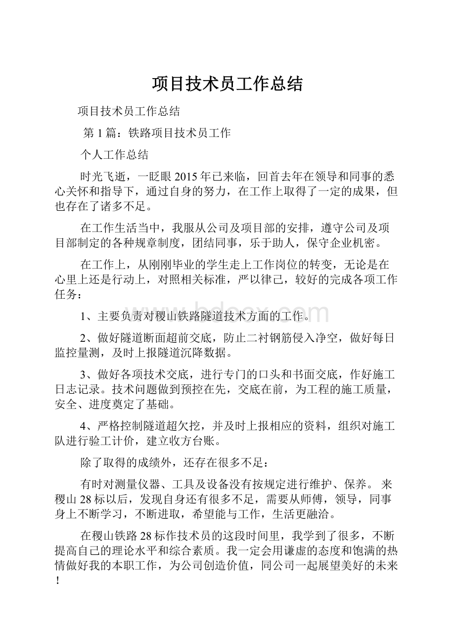 项目技术员工作总结.docx_第1页