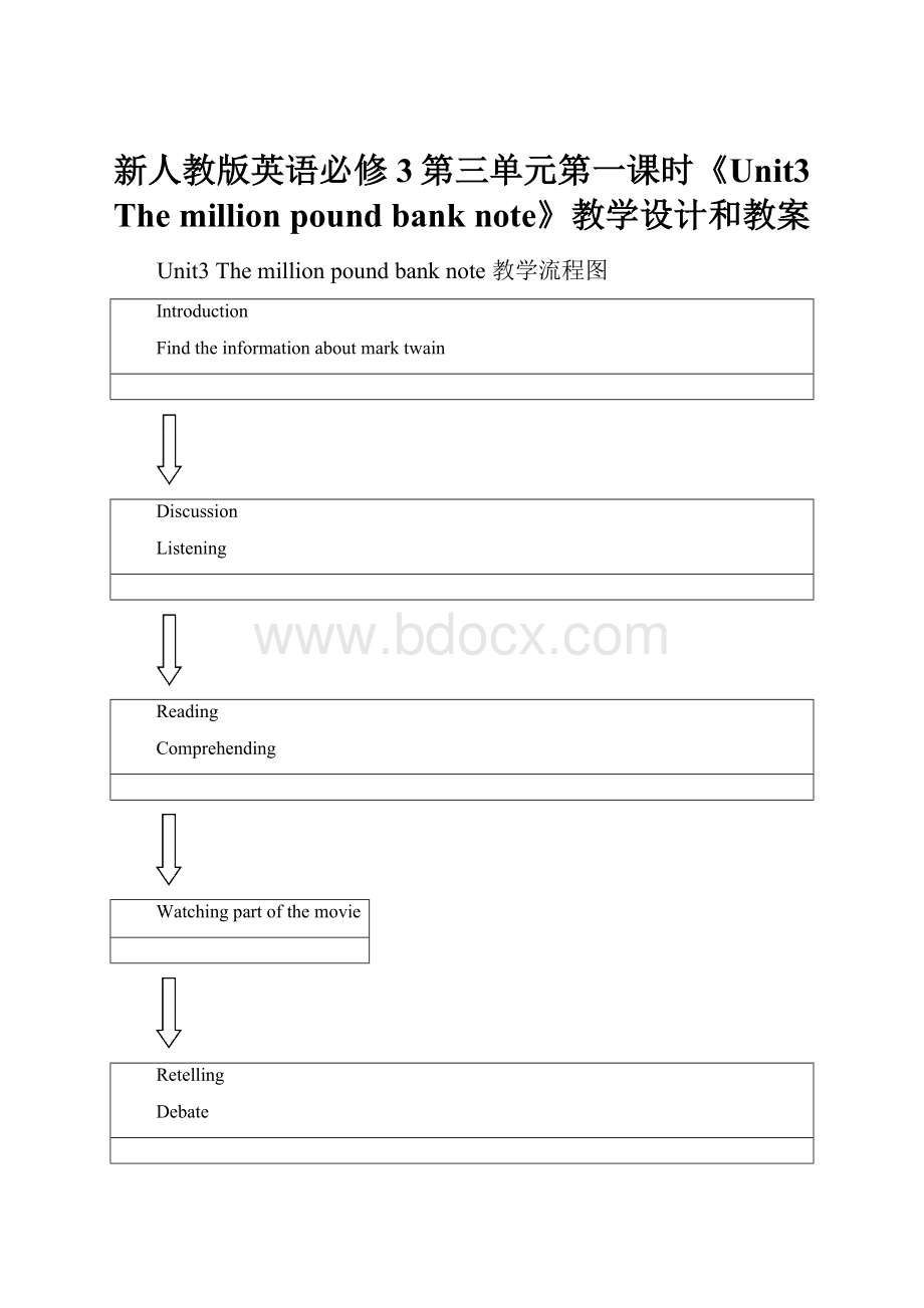 新人教版英语必修3第三单元第一课时《Unit3The million pound bank note》教学设计和教案.docx_第1页