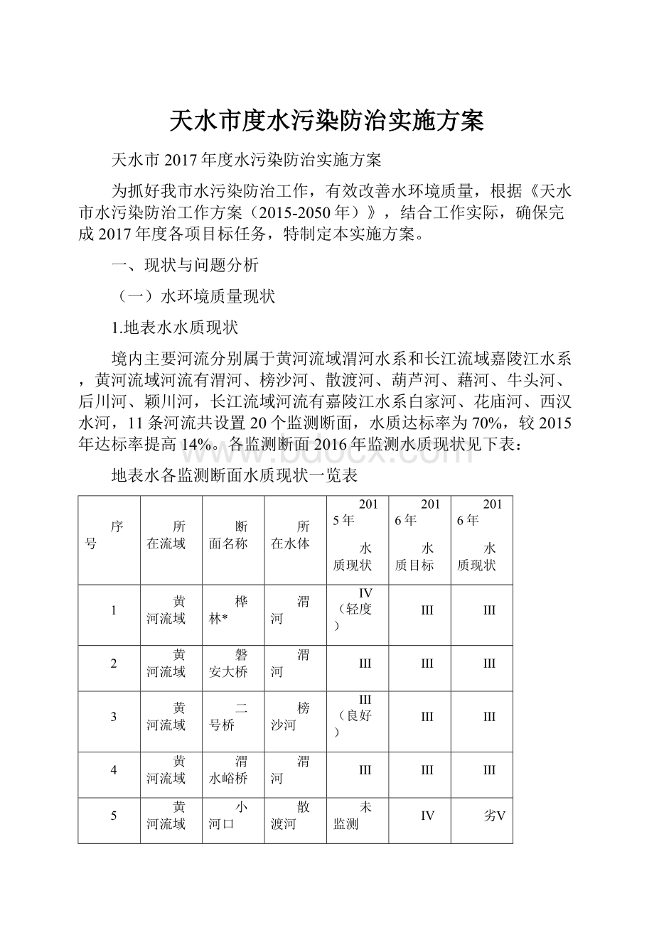 天水市度水污染防治实施方案.docx