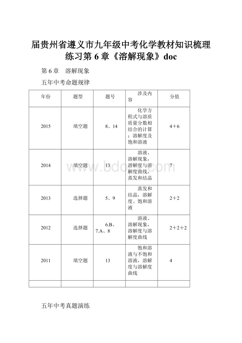 届贵州省遵义市九年级中考化学教材知识梳理练习第6章《溶解现象》doc.docx