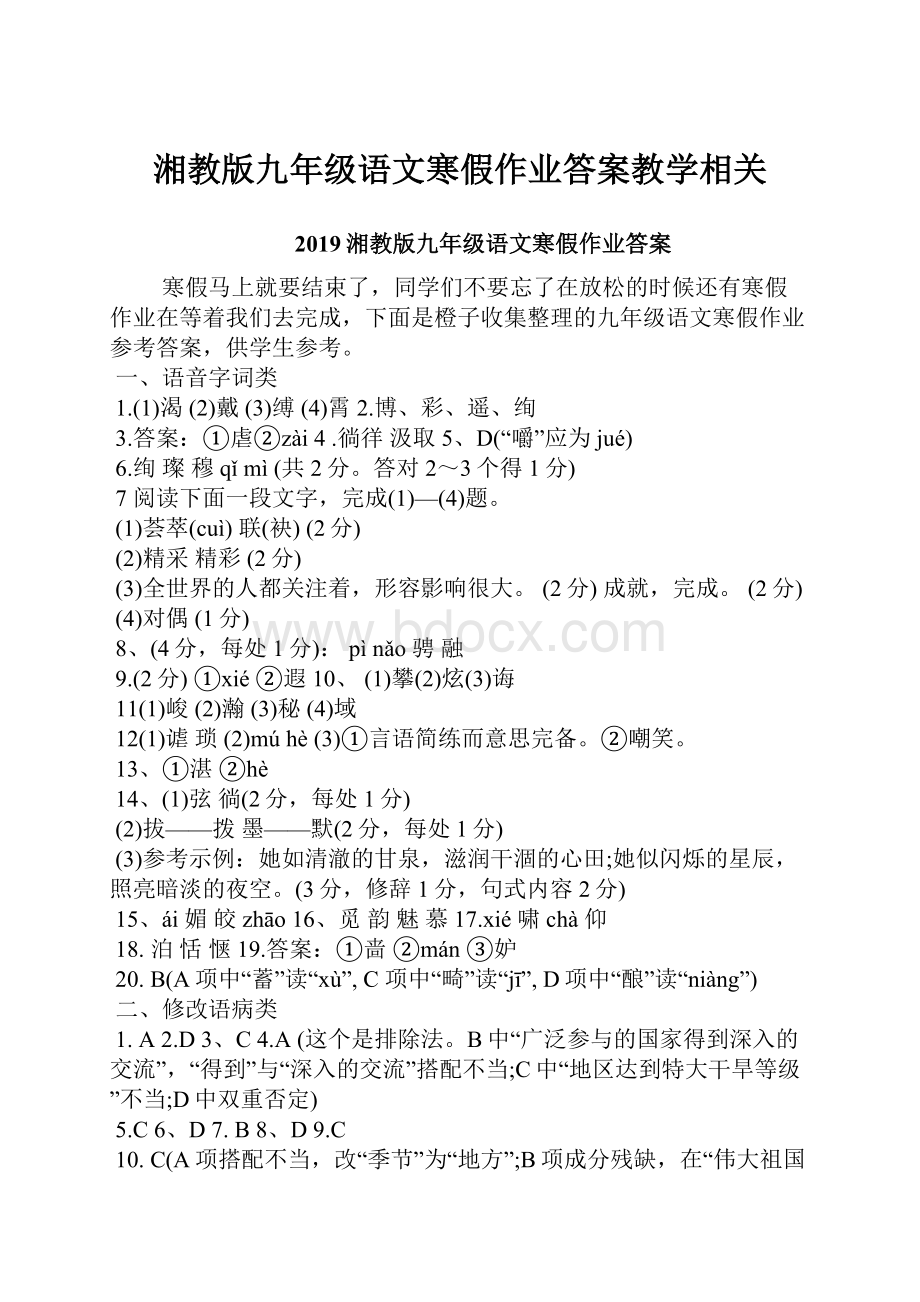 湘教版九年级语文寒假作业答案教学相关.docx_第1页