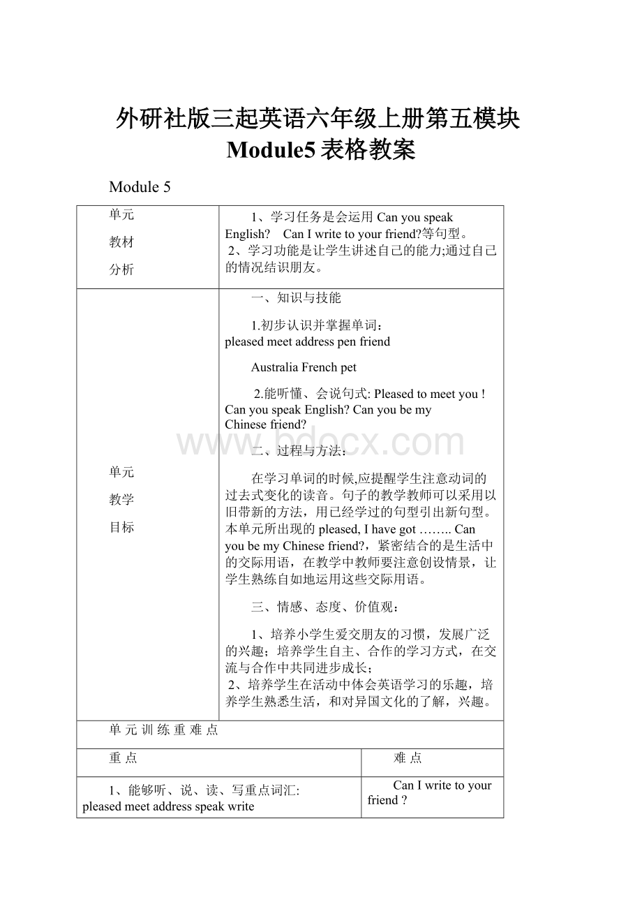 外研社版三起英语六年级上册第五模块Module5表格教案.docx