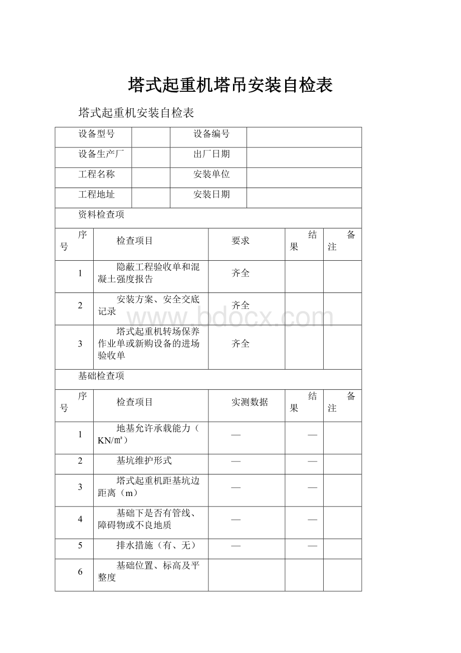 塔式起重机塔吊安装自检表.docx