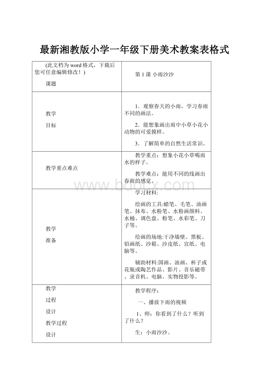 最新湘教版小学一年级下册美术教案表格式.docx