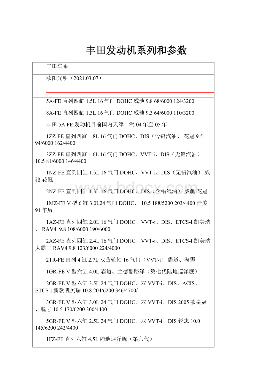 丰田发动机系列和参数.docx