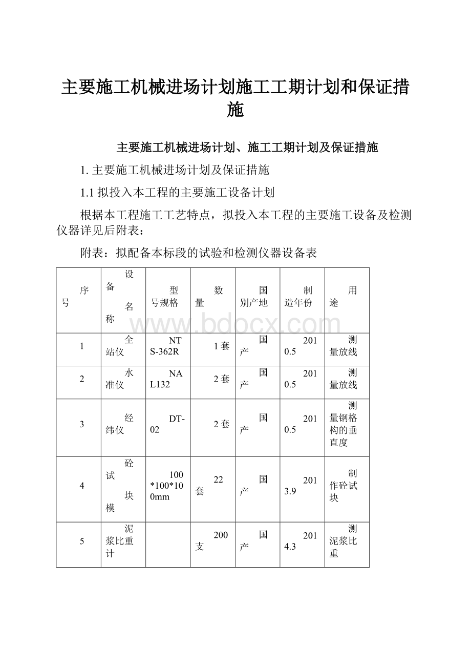 主要施工机械进场计划施工工期计划和保证措施.docx