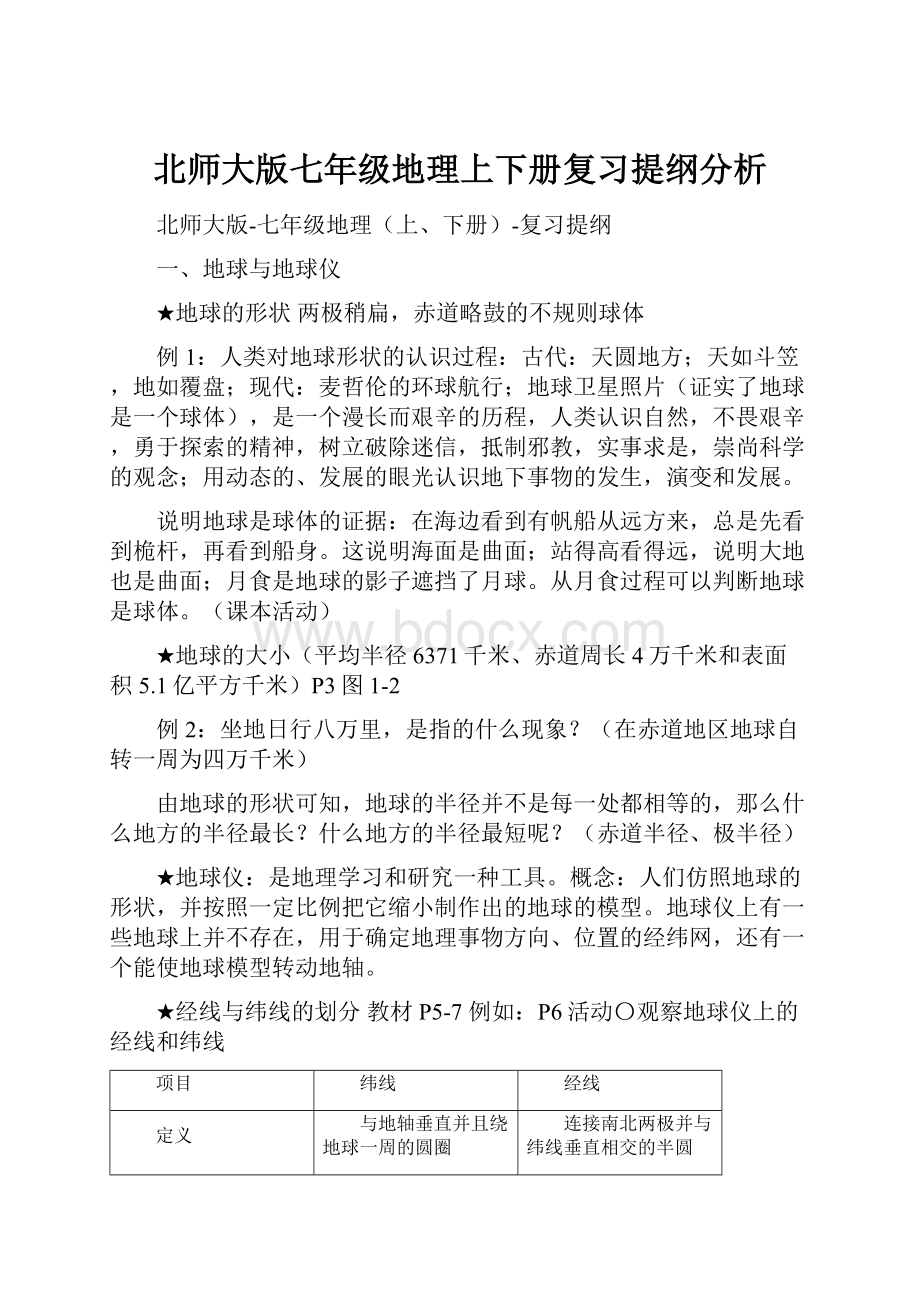 北师大版七年级地理上下册复习提纲分析.docx