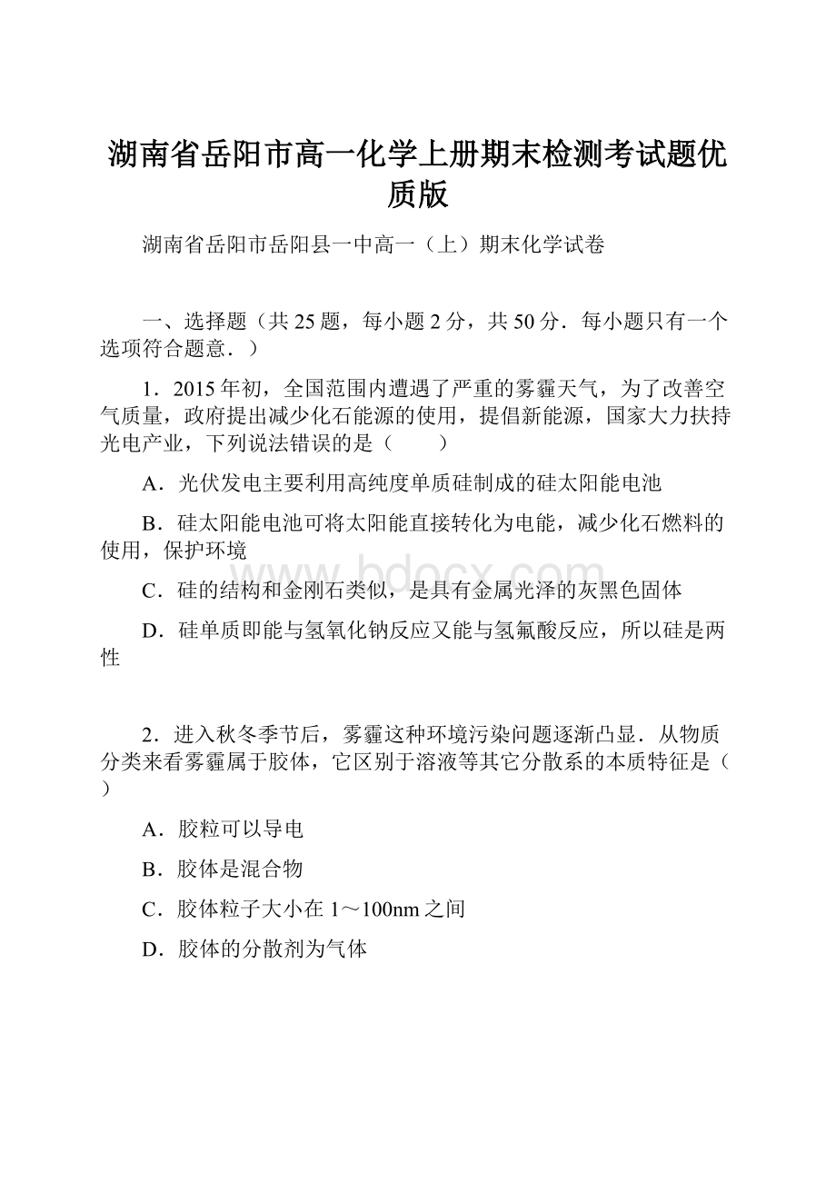 湖南省岳阳市高一化学上册期末检测考试题优质版.docx