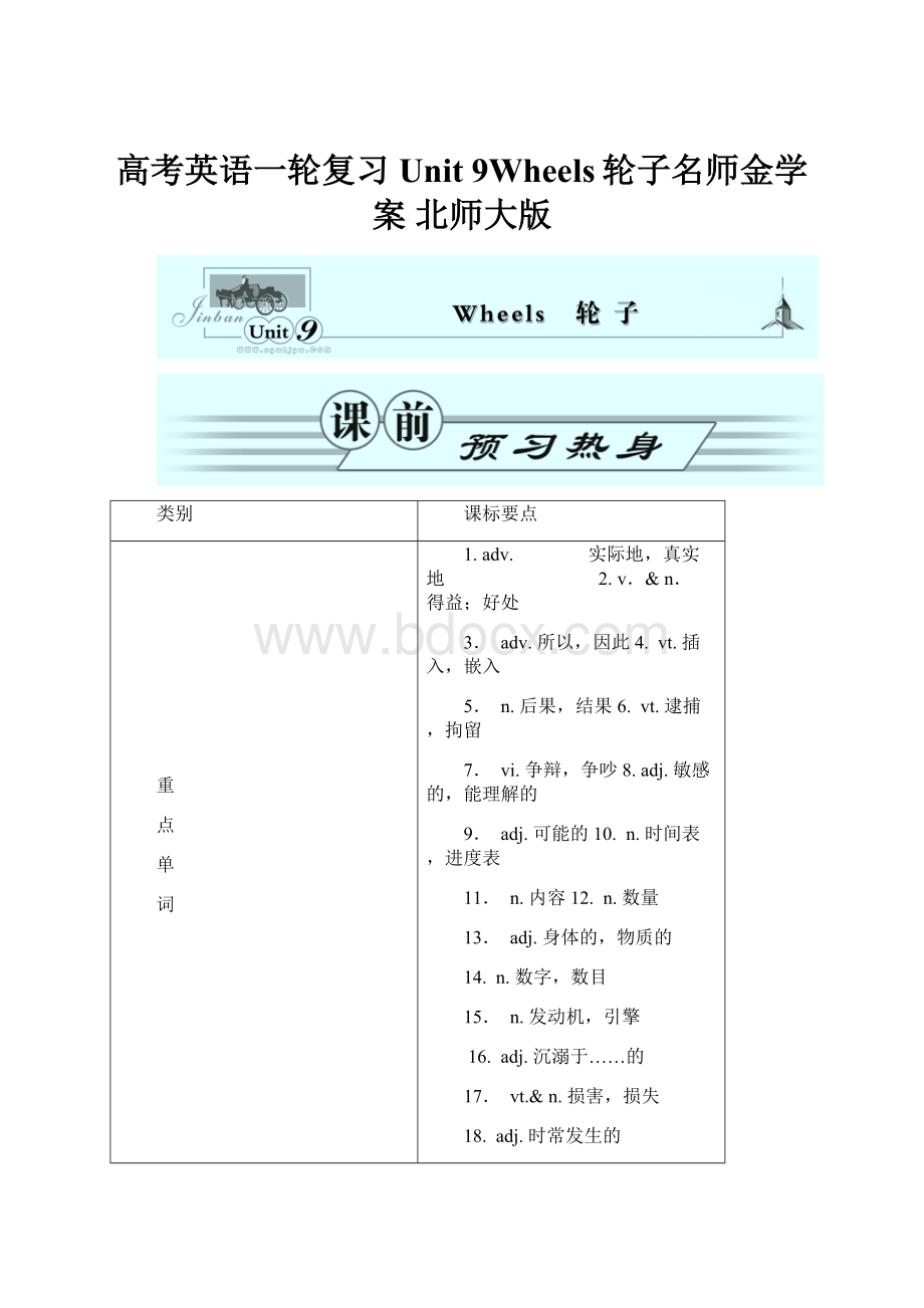 高考英语一轮复习 Unit 9Wheels轮子名师金学案 北师大版.docx