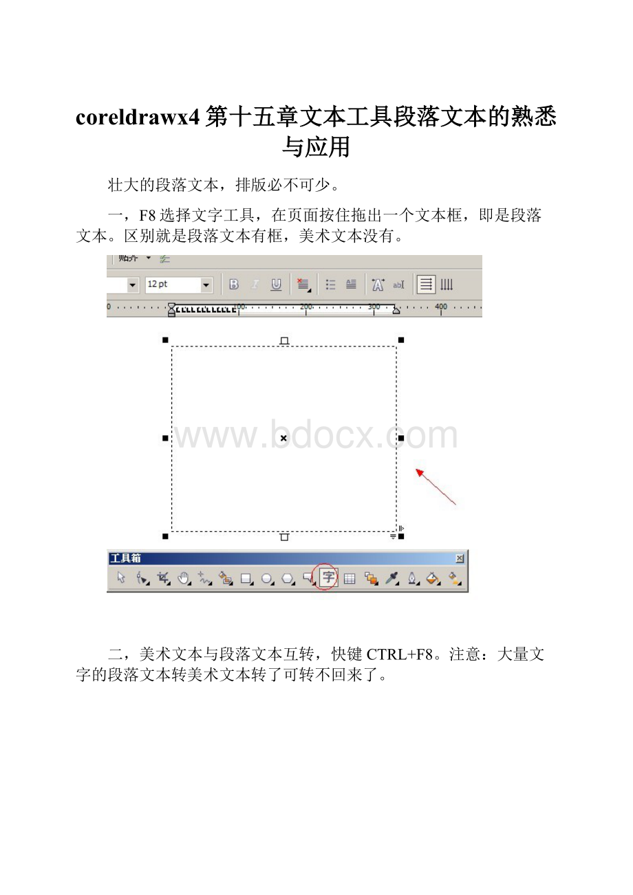 coreldrawx4第十五章文本工具段落文本的熟悉与应用.docx