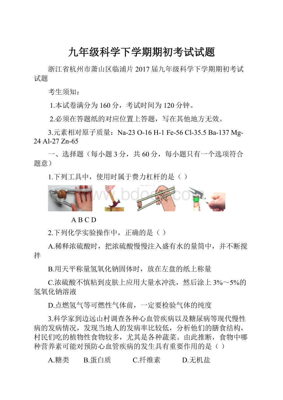 九年级科学下学期期初考试试题.docx