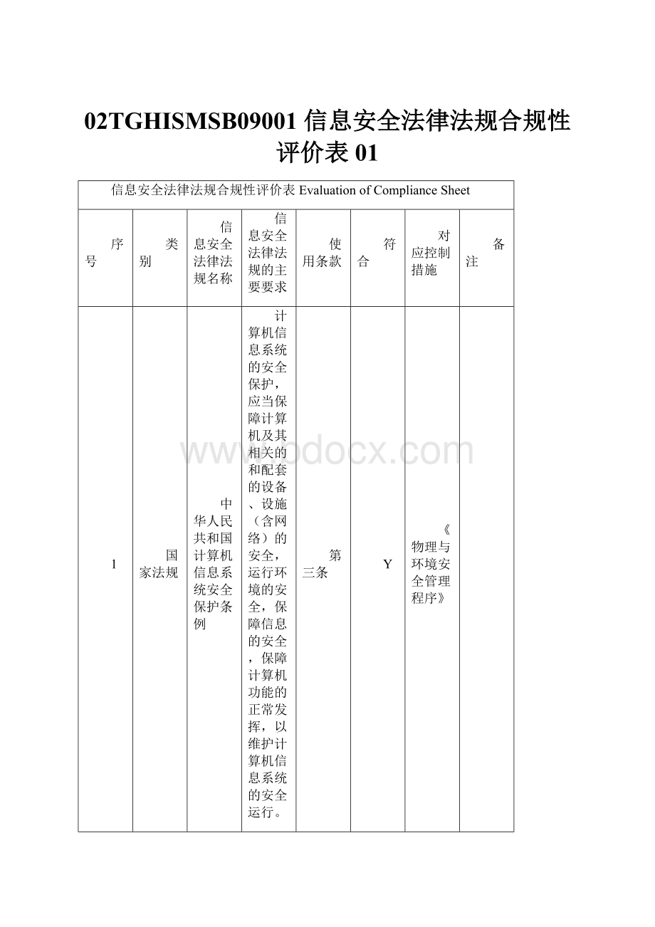 02TGHISMSB09001 信息安全法律法规合规性评价表01.docx