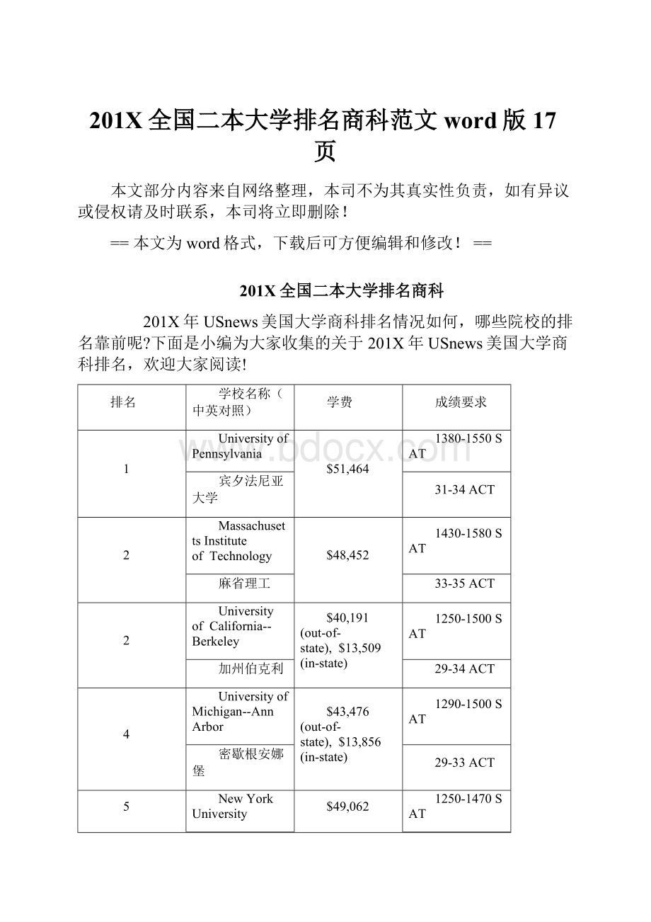 201X全国二本大学排名商科范文word版 17页.docx