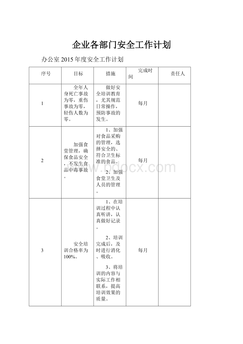 企业各部门安全工作计划.docx_第1页