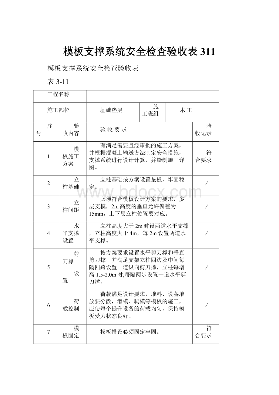 模板支撑系统安全检查验收表311.docx_第1页