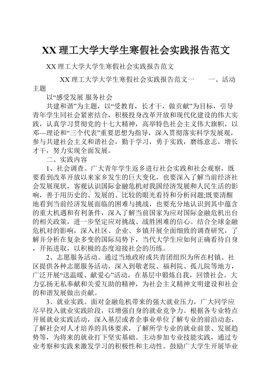 XX理工大学大学生寒假社会实践报告范文.docx