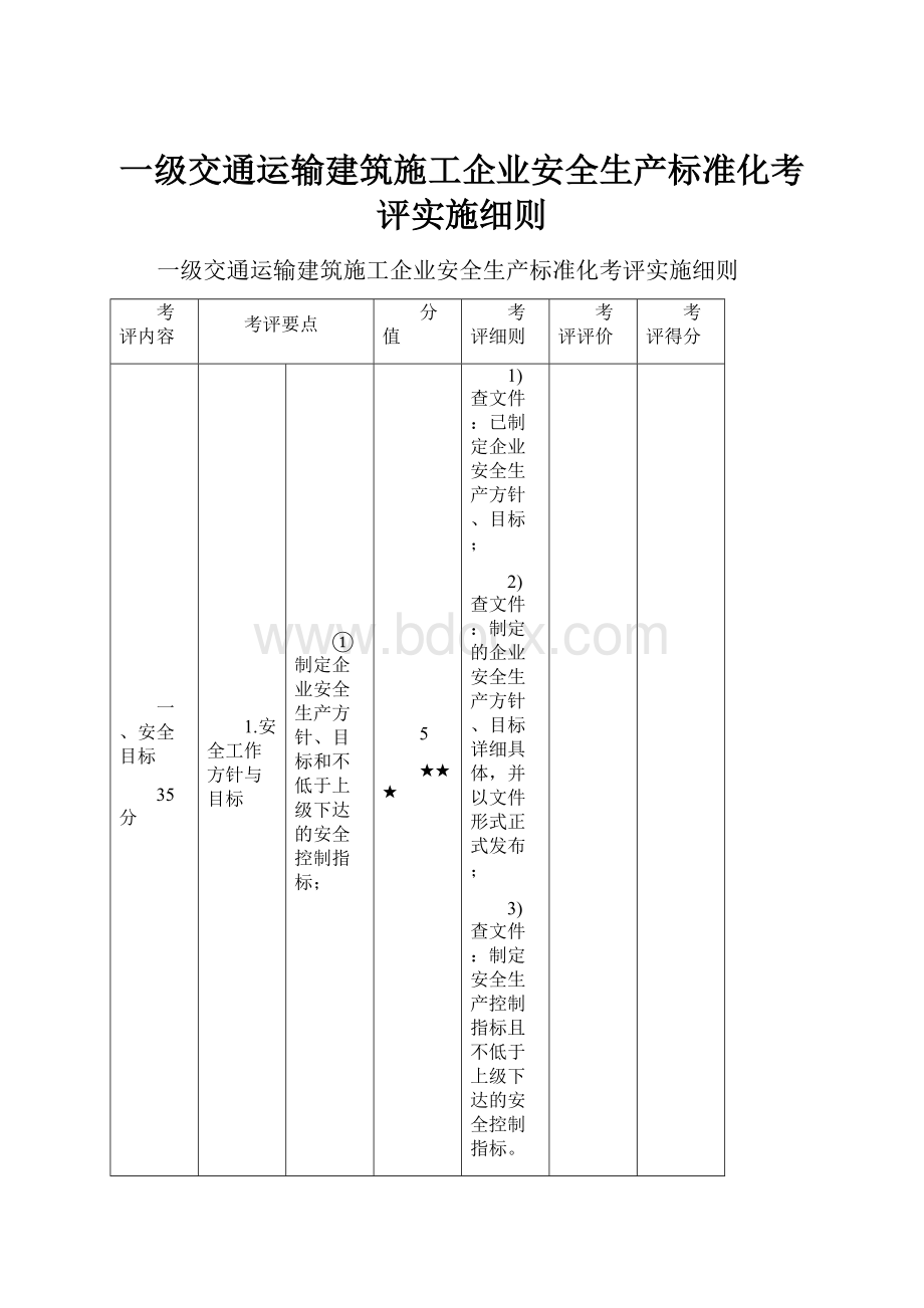 一级交通运输建筑施工企业安全生产标准化考评实施细则.docx