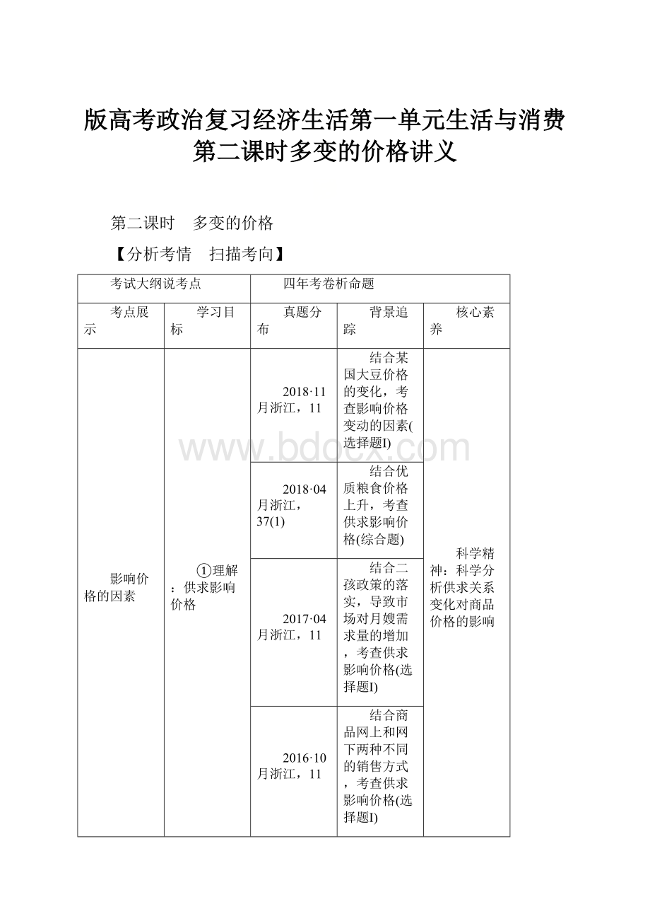 版高考政治复习经济生活第一单元生活与消费第二课时多变的价格讲义.docx