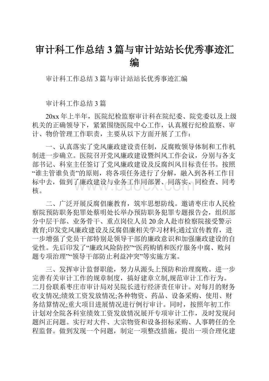 审计科工作总结3篇与审计站站长优秀事迹汇编.docx