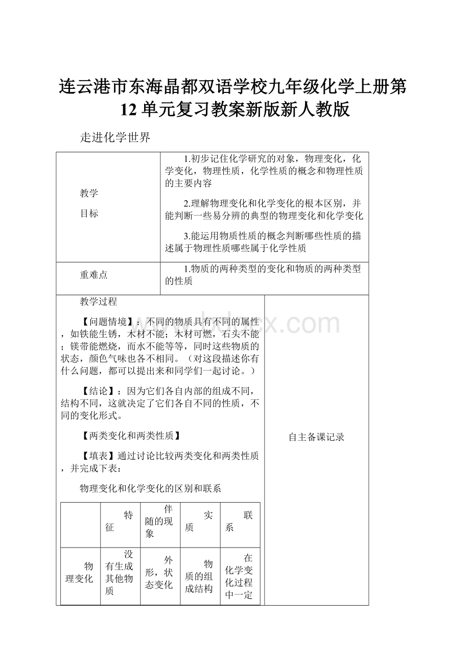 连云港市东海晶都双语学校九年级化学上册第12单元复习教案新版新人教版.docx