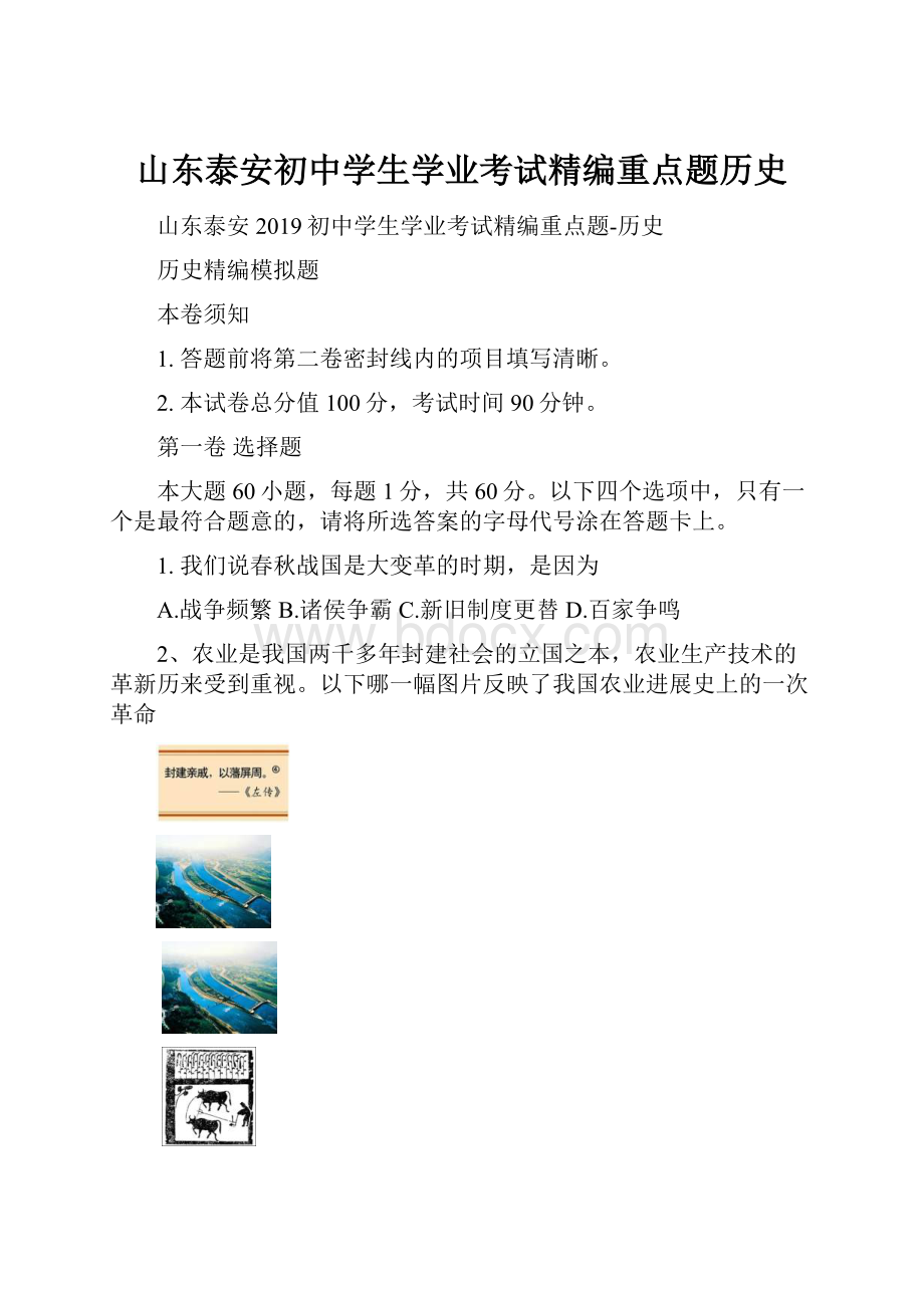 山东泰安初中学生学业考试精编重点题历史.docx