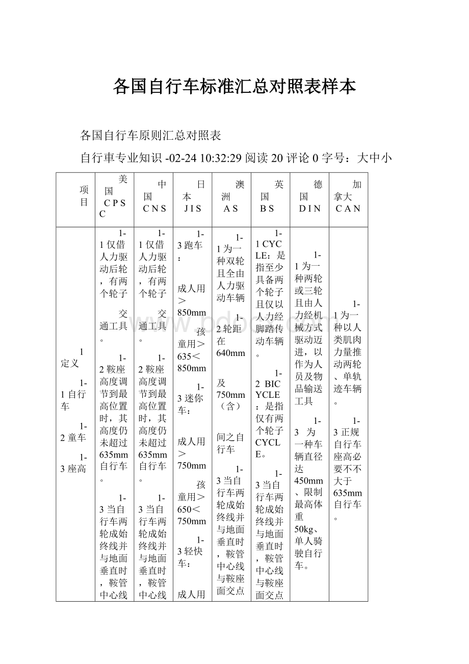 各国自行车标准汇总对照表样本.docx