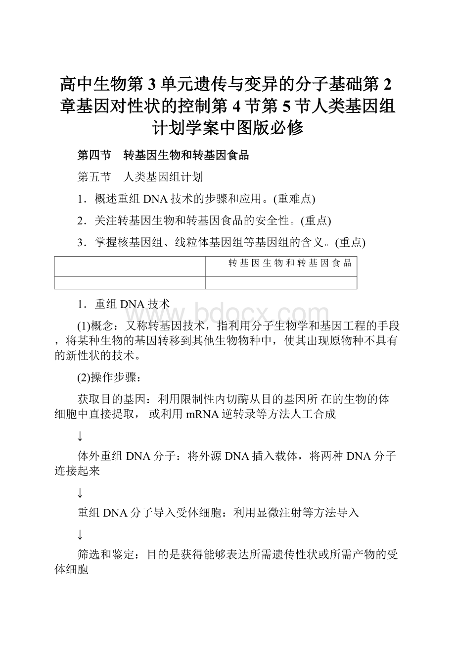 高中生物第3单元遗传与变异的分子基础第2章基因对性状的控制第4节第5节人类基因组计划学案中图版必修.docx_第1页