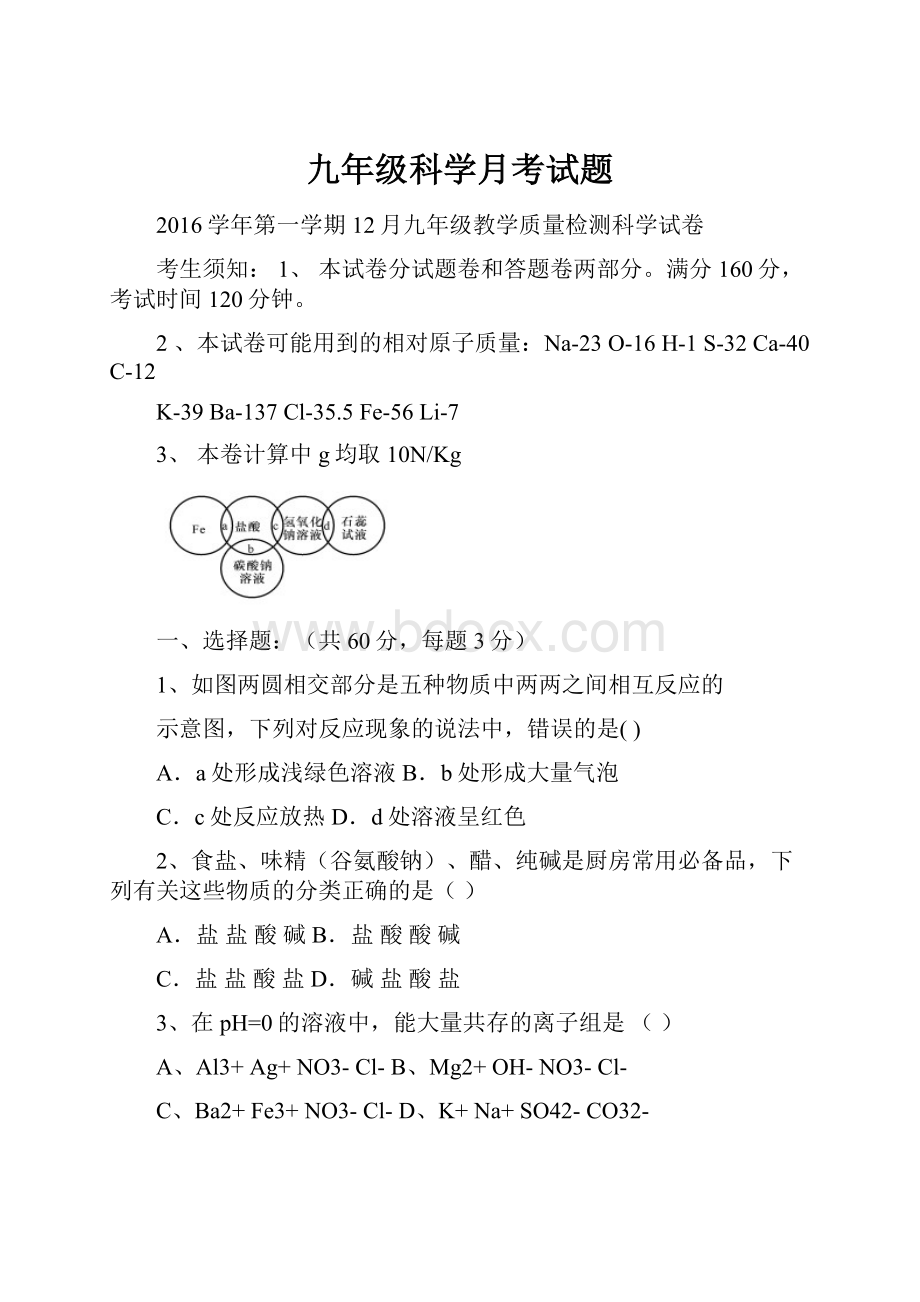 九年级科学月考试题.docx_第1页