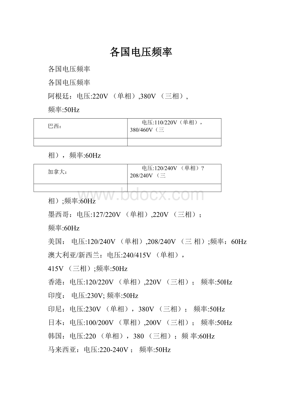 各国电压频率.docx