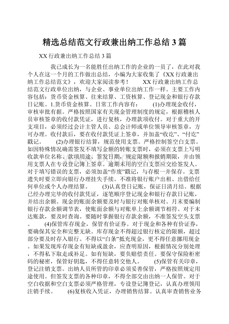 精选总结范文行政兼出纳工作总结3篇.docx