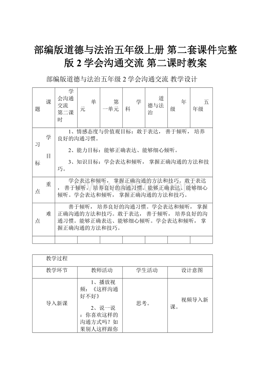 部编版道德与法治五年级上册第二套课件完整版2学会沟通交流第二课时教案.docx_第1页