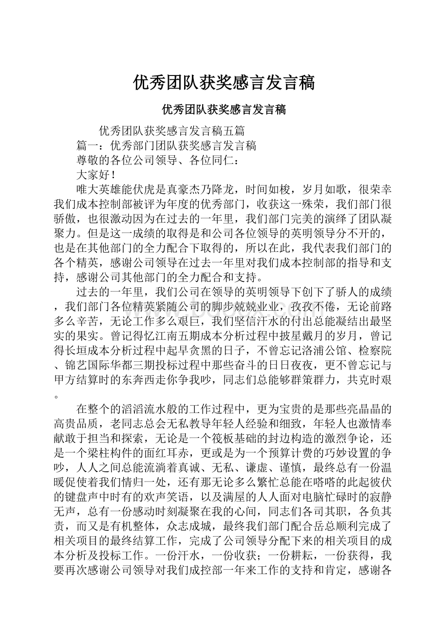 优秀团队获奖感言发言稿.docx_第1页