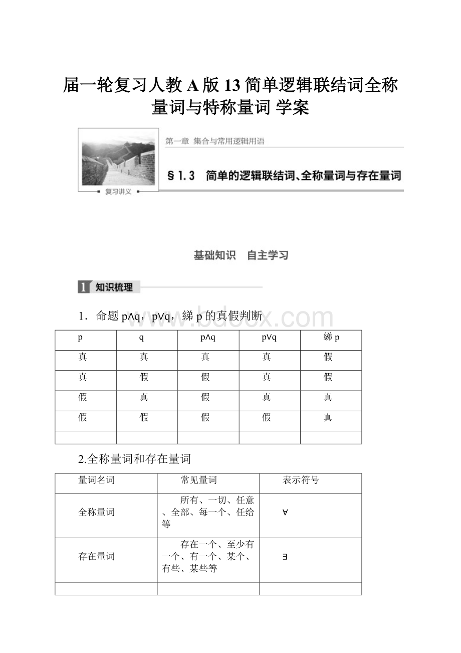 届一轮复习人教A版13简单逻辑联结词全称量词与特称量词 学案.docx