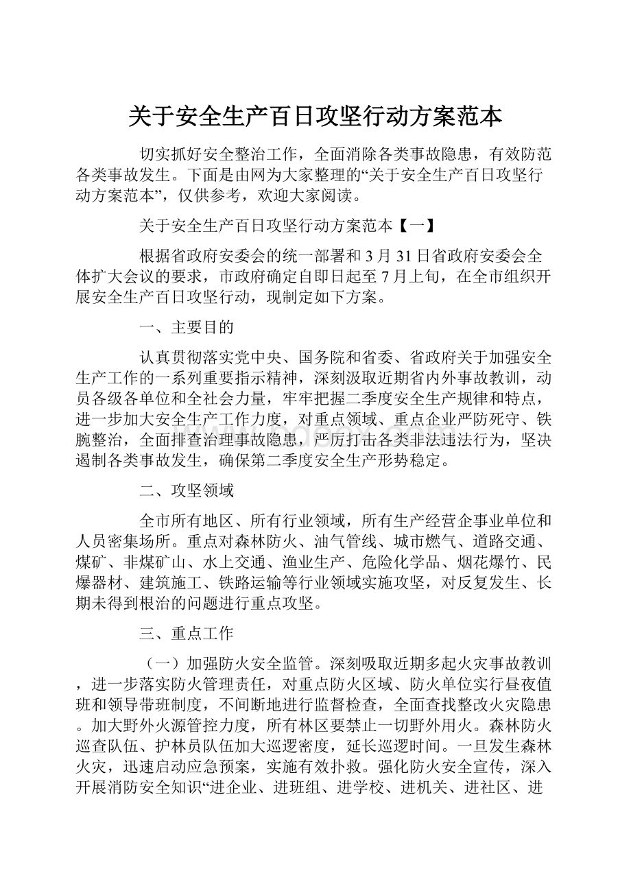 关于安全生产百日攻坚行动方案范本.docx