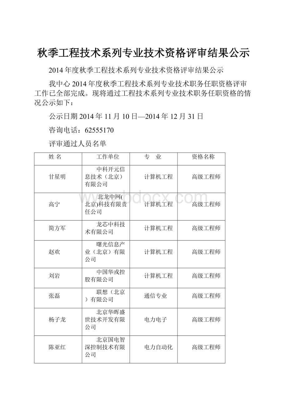 秋季工程技术系列专业技术资格评审结果公示.docx_第1页