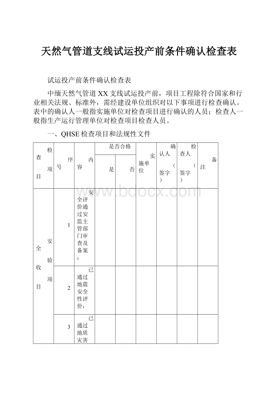 天然气管道支线试运投产前条件确认检查表.docx