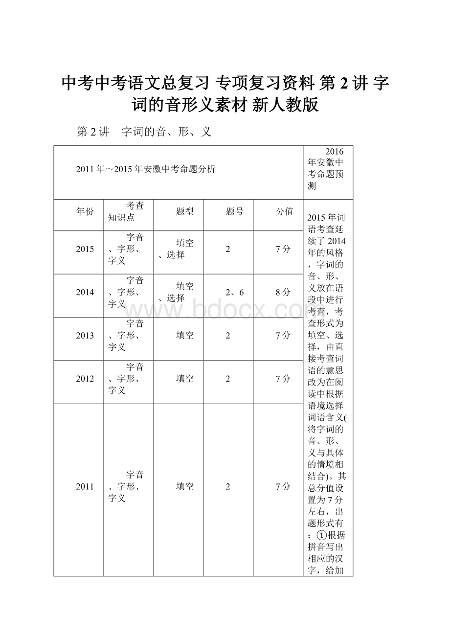 中考中考语文总复习 专项复习资料 第2讲 字词的音形义素材 新人教版.docx