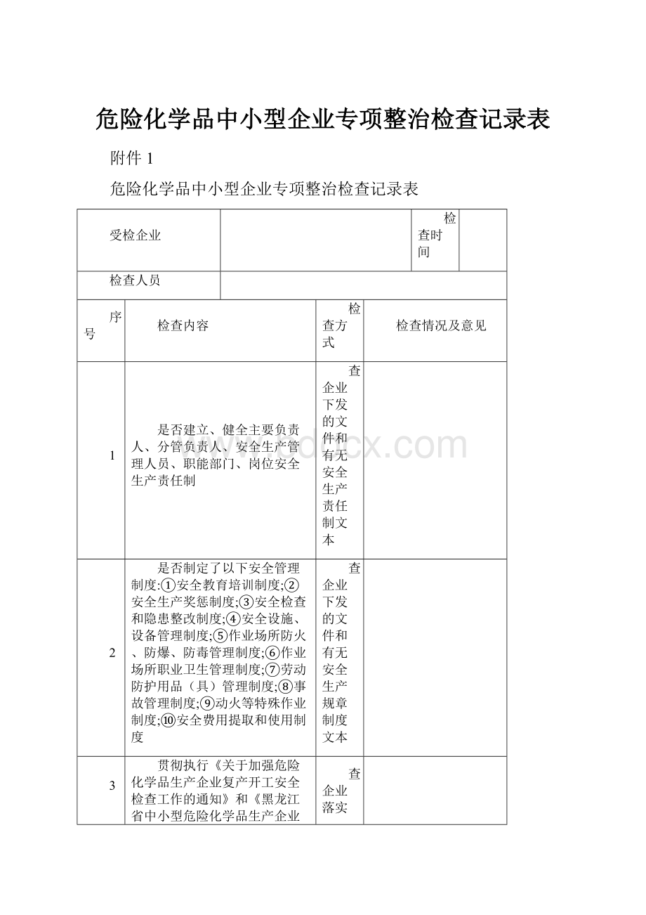 危险化学品中小型企业专项整治检查记录表.docx