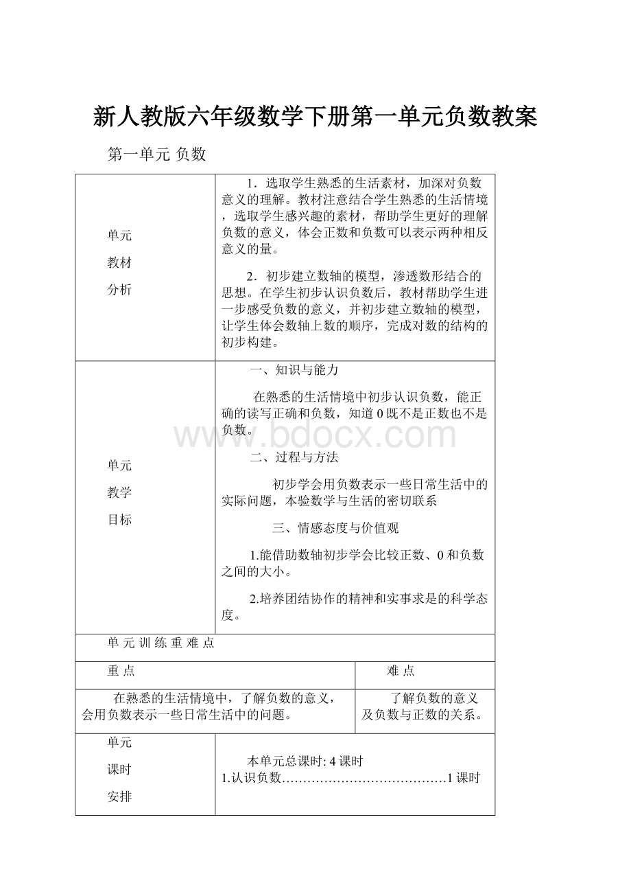 新人教版六年级数学下册第一单元负数教案.docx