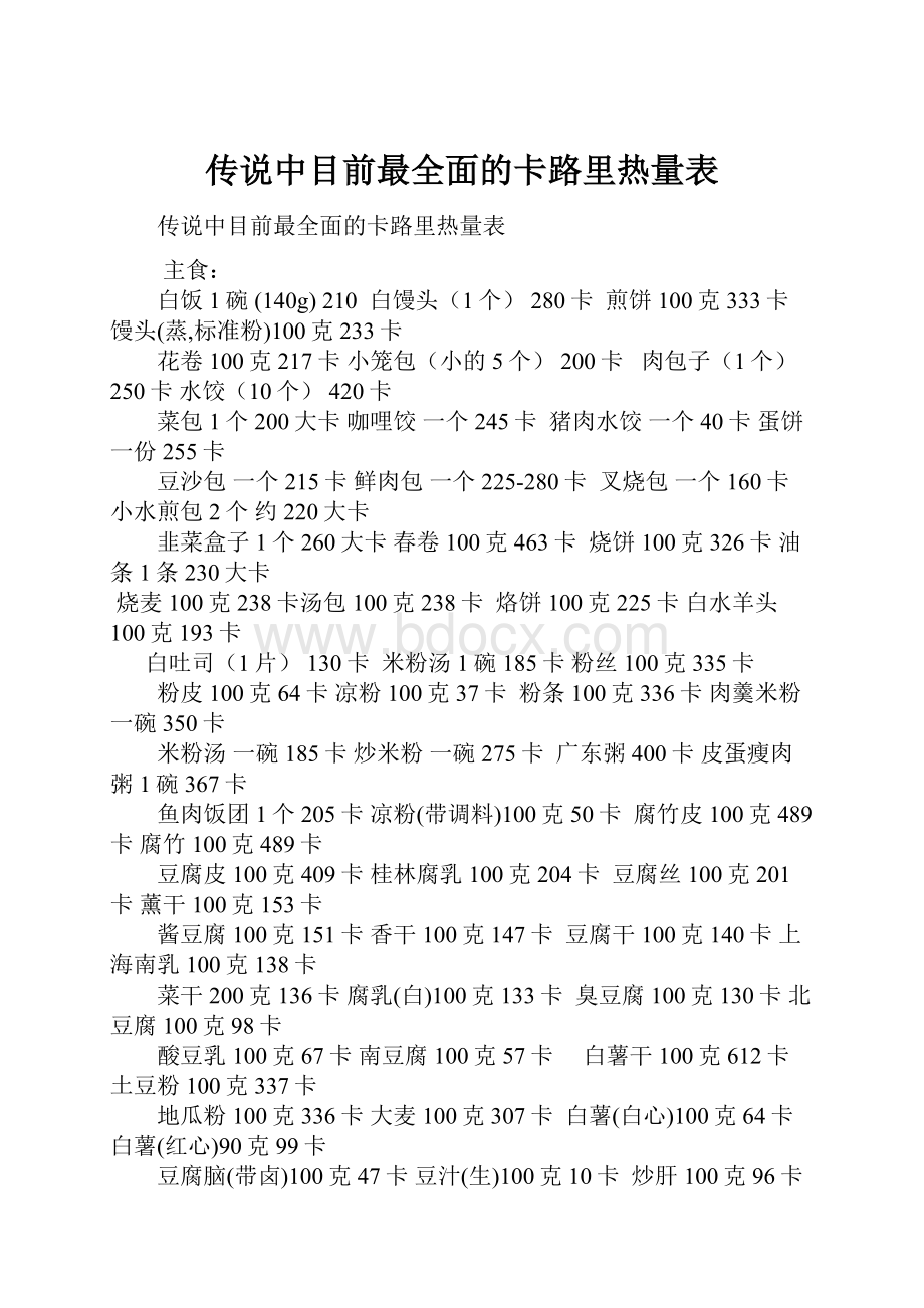 传说中目前最全面的卡路里热量表.docx_第1页