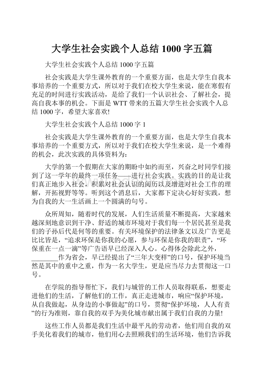 大学生社会实践个人总结1000字五篇.docx