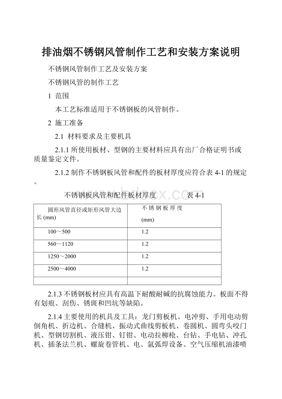 排油烟不锈钢风管制作工艺和安装方案说明.docx