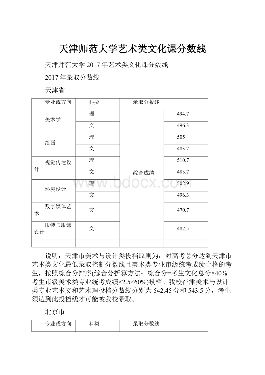 天津师范大学艺术类文化课分数线.docx