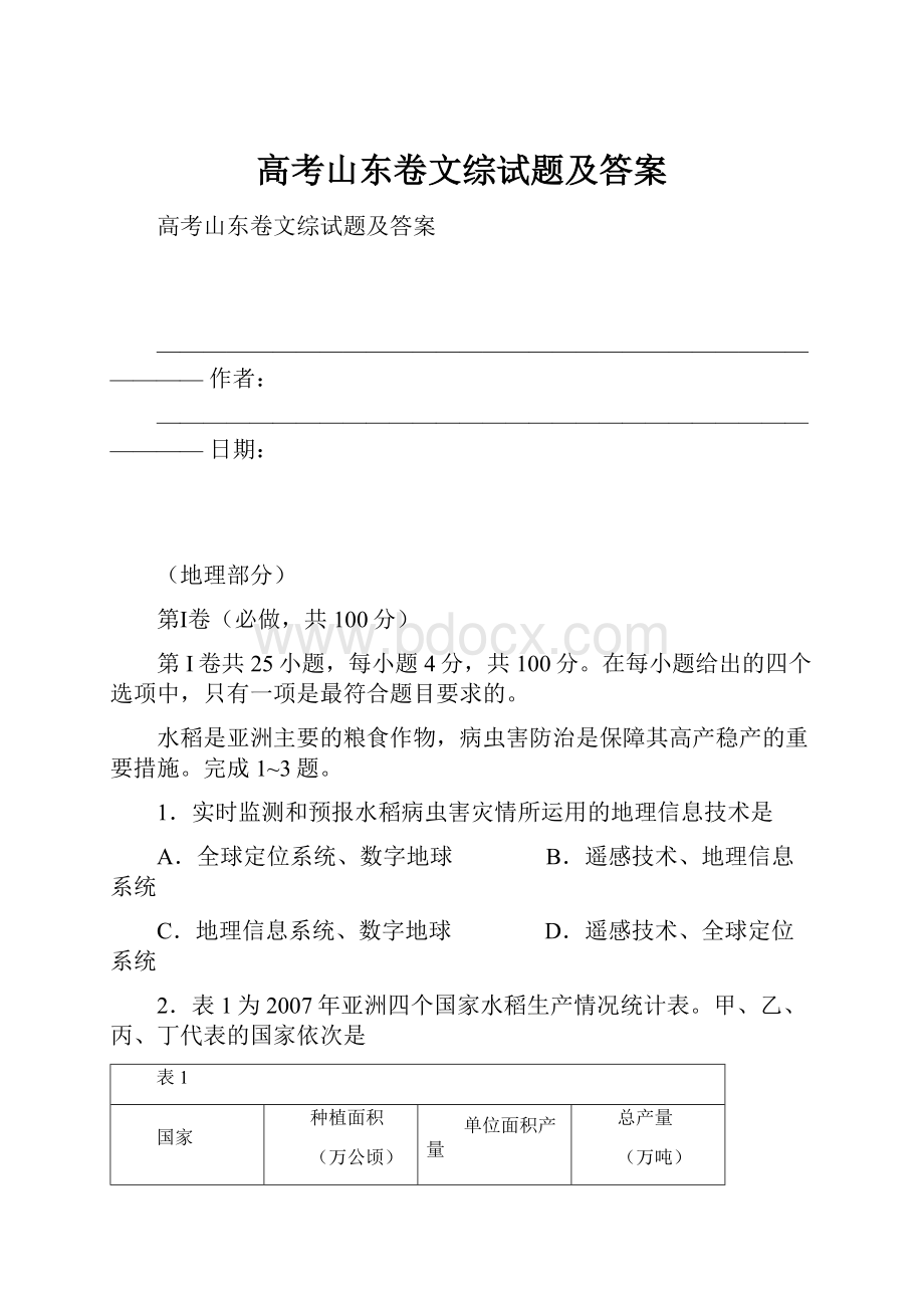 高考山东卷文综试题及答案.docx_第1页